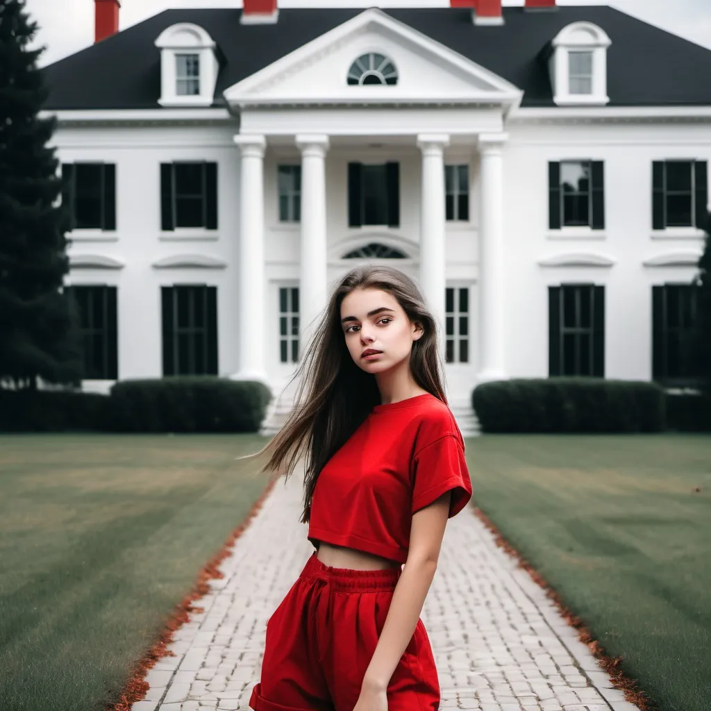 Prompt: a young beutiful girl with red clothes in front of a big white house