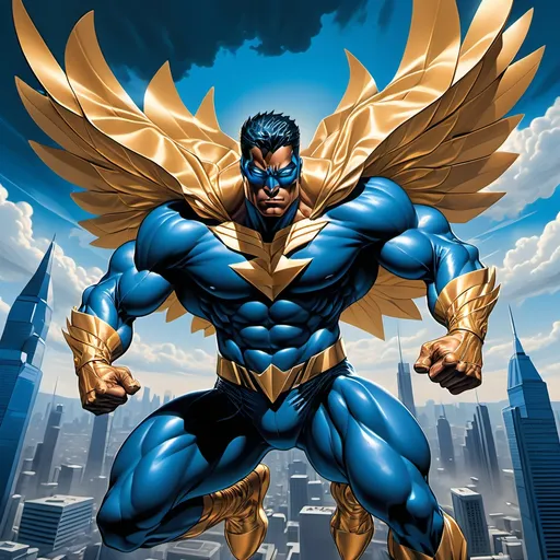 Prompt: (muscular superhero, soaring through the clouds like a bird), powerful poses, (folded arms), dazzling athletic physique, vibrant colors with a blend of blue and gold, dramatic lighting, futuristic city skyline in the background, intense expression of confidence and intelligence, influenced by Todd McFarlane’s artistic style, ultra-detailed, breathtaking action depiction. chest symbol new futristic symbol