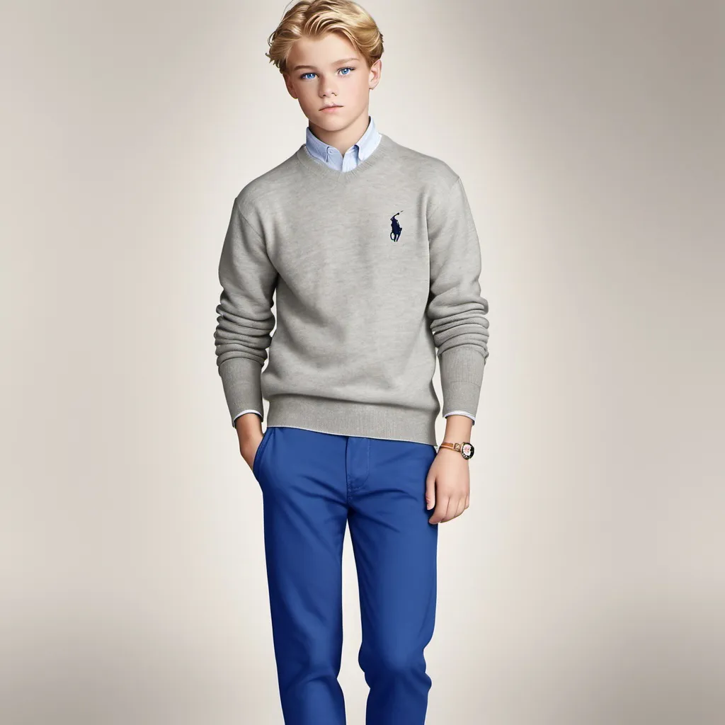 Prompt: een  jongen die 16  jaar is en 1,85 m is die blonde haren heeft en scheiding zit in het midden en een beetje naar achter die blauwe ogen heeft geef hem een grijze ralph lauren sweater en een blauwe spijker broek geef hem ook grijze new balence schoenen