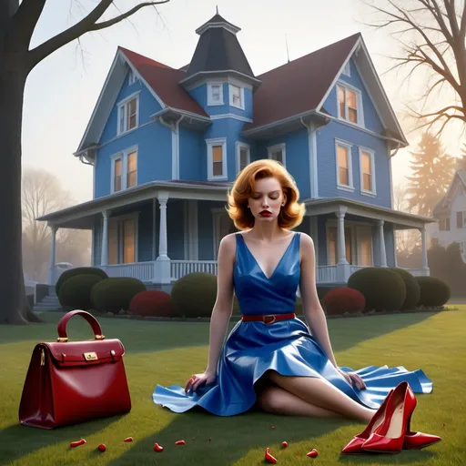 Prompt: Scene: A chilly and misty morning. The early sun casts a sharp light on the front yard of a two-story house painted a dull white.
 
Body: A woman in a blue dress and red high heels lies on the front lawn. Her golden-brown hair is scattered on the grass, stained with blood.  A black leather handbag is open nearby, spilling its contents on the ground.
 
Details: A black motorcycle is parked at an angle on the edge of the road, pointing towards the house.  Yellow police tape surrounds the woman's body.
 
Conclusion: The image depicts the discovery of a body in front of a two-story house.  The scene is chilling and mysterious, with details that spark curiosity.