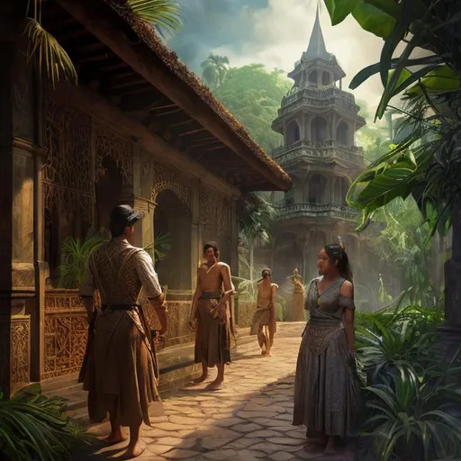 Prompt: Photorealistic historical fantasy illustration of supernatural colonial Filipinos and spaniards, Rizal, detailed period clothing, mystical creatures, lush tropical vegetation, intricate historical architecture, realistic lighting and shadows, high quality, photorealism, historical fantasy, supernatural, colonial, lush vegetation, detailed architecture, realistic lighting, period clothing, mystical creatures