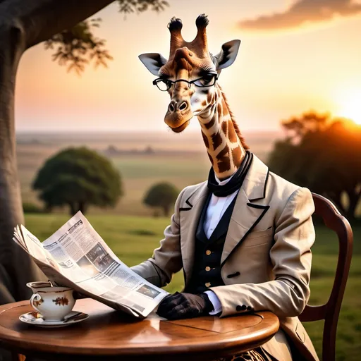 Prompt: elegantly dressed giraffe like in the Renaissance era reading the newspaper with glasses and very sophisticated while sitting because it is tea time on a sunset with  beautiful background  