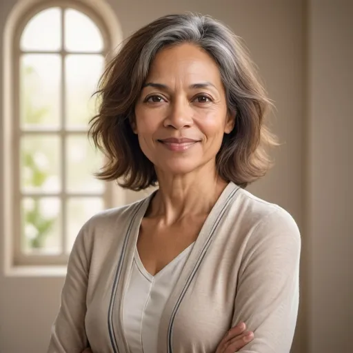 Prompt: a  mixed-race  middle-aged  woman with shoulder length hair standing