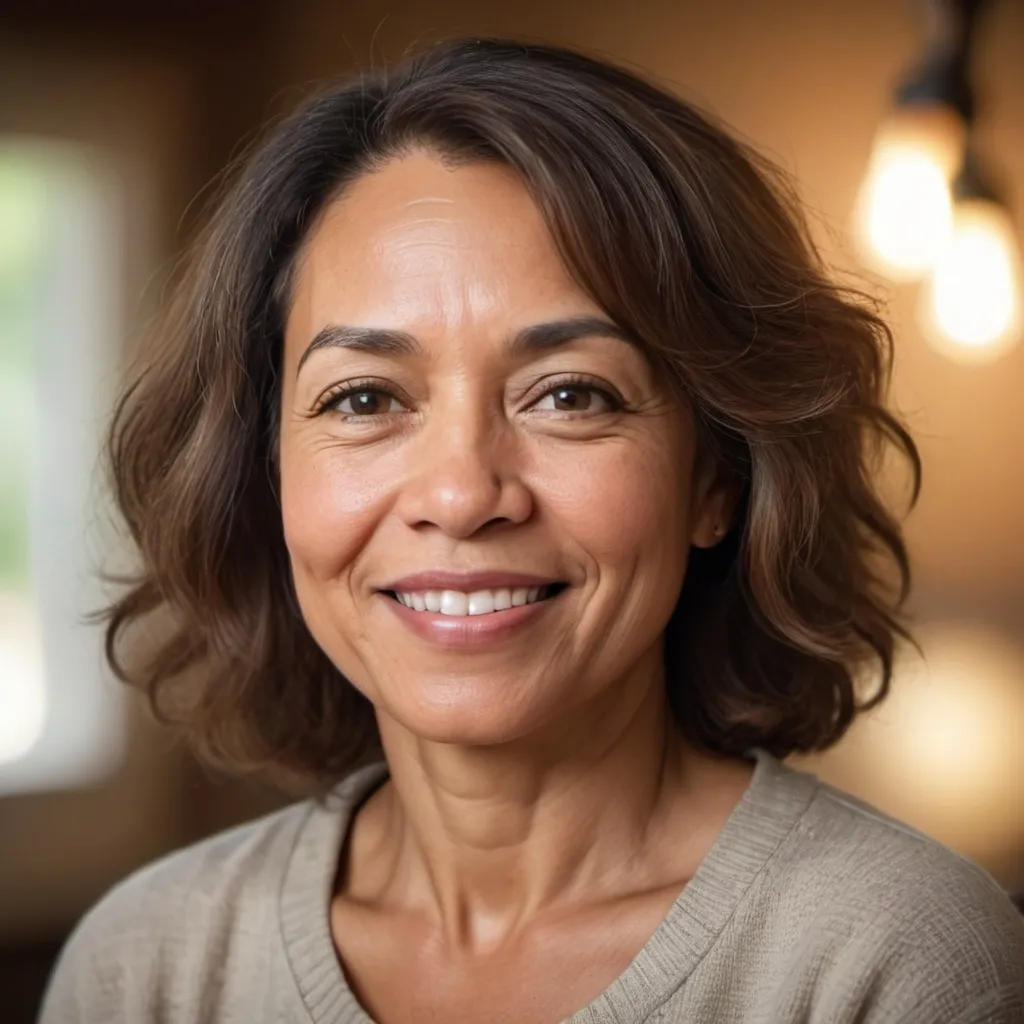 Prompt: a  mixed-race  middle-aged  woman with shoulder length hair