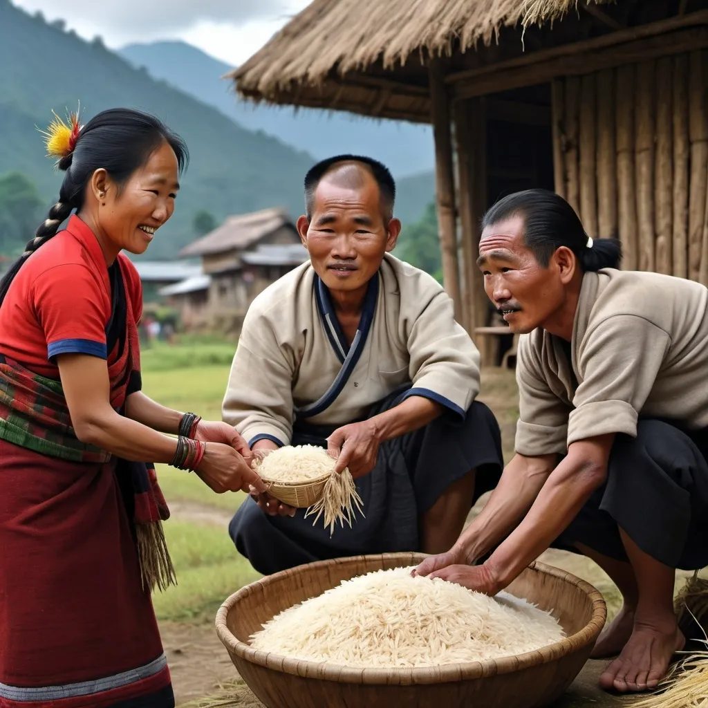 Prompt: arunachal trible photo with receiving rice from fci