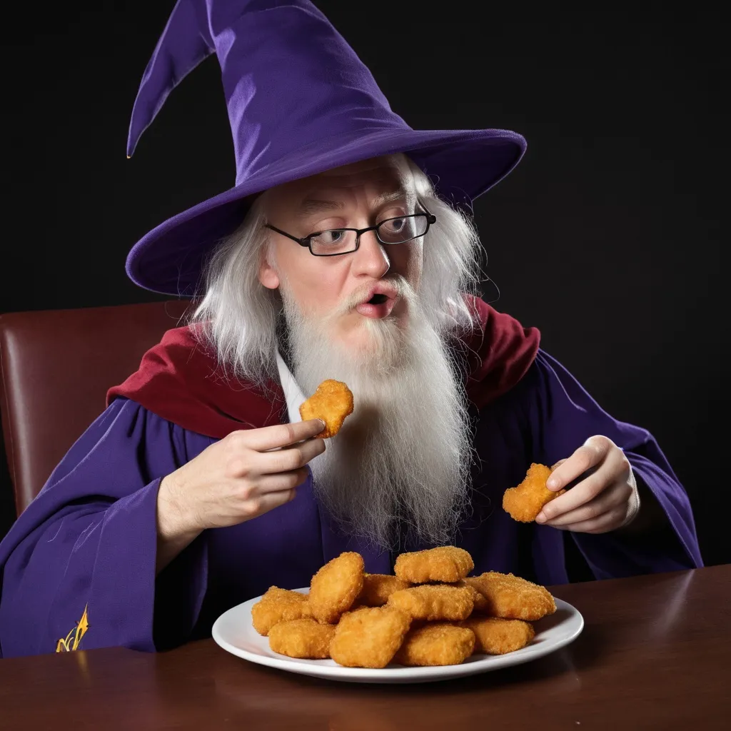 Prompt: a wizard eating chicken nuggets.