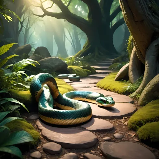 Prompt: a large king cobra snake guarding the path to a magic mirror
