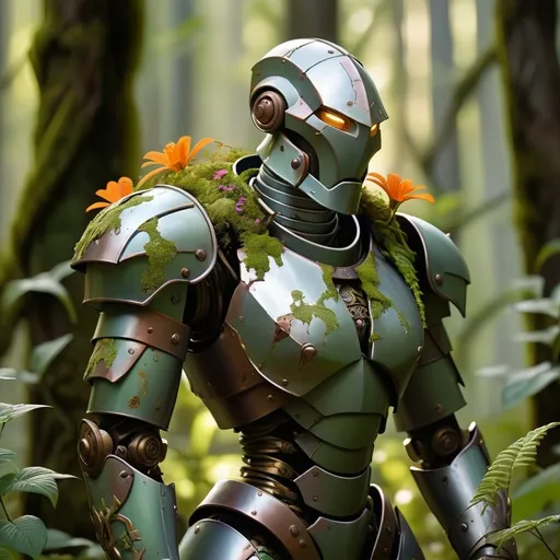 Prompt: metal warforged overtaken by plants growing around its armor walking