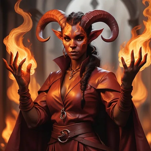 Prompt: hyper-realistic Tiefling character with fire hands, fantasy character art, illustration, dnd, warm tone