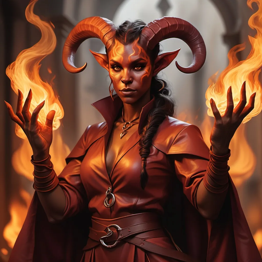 Prompt: hyper-realistic Tiefling character with fire hands, fantasy character art, illustration, dnd, warm tone