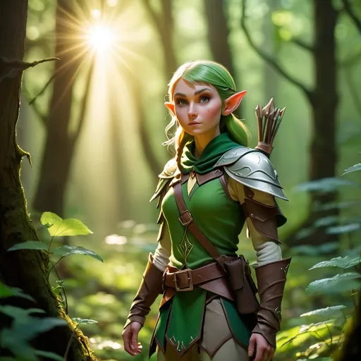 Prompt: Elf ranger in a mystical forest around sunlight