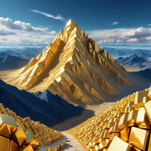 Prompt: Create a mountain full of block of real golds 21k