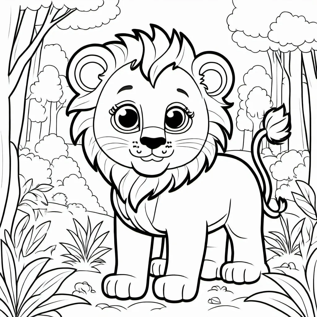 Prompt: um lindo leão bebe na floresta, desenho infantil, para colorir, 