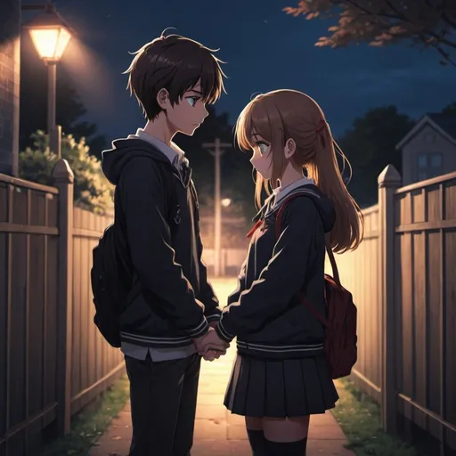 Prompt: 1girl, 1boy, 2D anime illustration, girl confessing love, schoolyard setting, moody lighting, detailed eyes, highres, school outfit, emotional scene, romantic, anime style, dramatic lighting