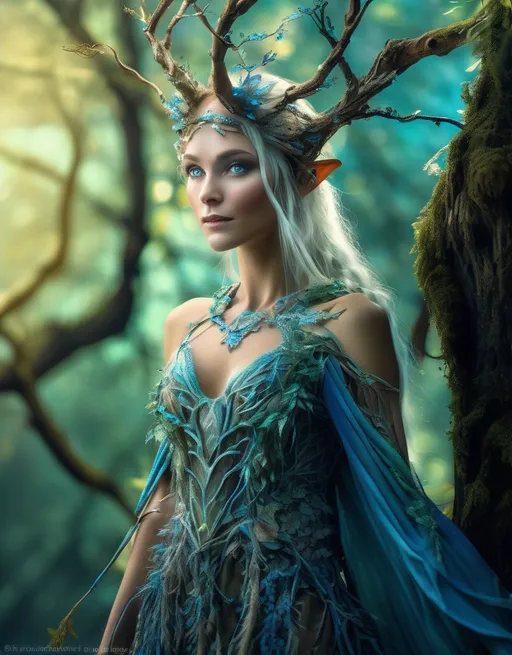 Prompt: female elven creature, (full body), captivating blue eyes, elegantly adorned in a fashion dress made of intricate tree branches, ethereal and mystical vibe, vibrant color tones with soft greens and browns, enchanting forest background illuminated with dappled sunlight, magical atmosphere, ultra-detailed, high quality, nature inspiration.