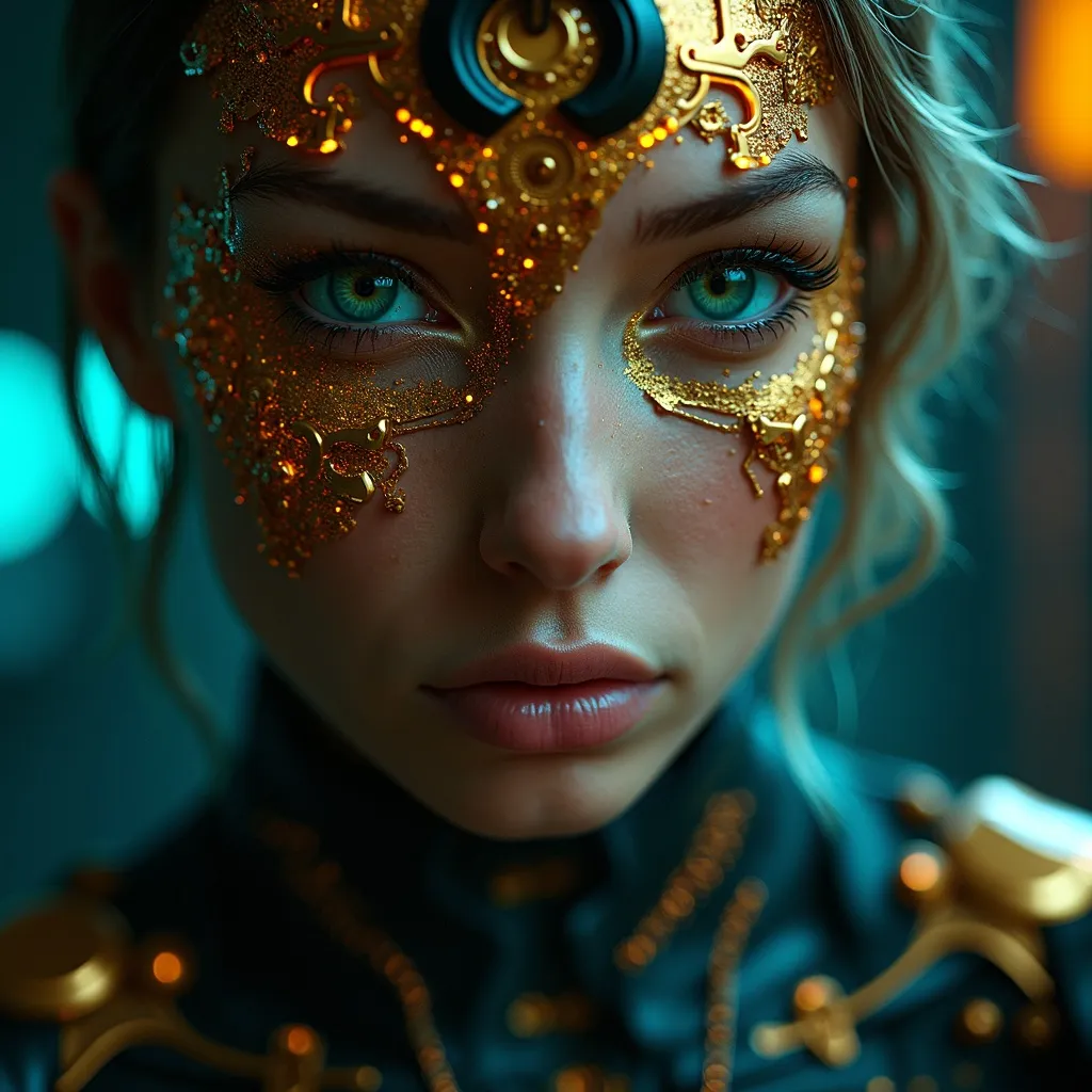 Prompt: A hyper-realistic portrait of a futuristic cybernetic woman whose face is symmetrically divided into a glowing, biomechanical side and a human, expressive side. The cybernetic side is composed of intricate gold and orange circuitry with shards and glowing fragments, while the human side features soft skin with subtle highlights reflecting blue ambient light. The black background is a soft blur of a few neon orange and blue-green lights, creating a cinematic high-tech atmosphere. The composition emphasises her piercing green eyes and the detailed textures of skin and metal. The lighting is a dynamic mix of warm and cool tones, adding depth and drama to the scene. The mood is mysterious and ethereal, evoking both humanity and technological transcendence. Highly detailed, photorealistic rendering with an emphasis on depth of field and reflective surfaces.