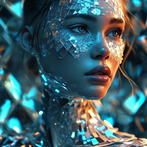 Prompt: 1girl, Crystal tile 3D rendering of a beautiful female body, transparent and reflective, intricate details, high quality, realistic, 3D rendering, crystal tiles, transparent, reflective, detailed, highres, professional, futuristic lighting.4k, artistic, impressive, beautiful, high contrast, detailed lines, expressive depiction, sensual and enigmatic atmosphere, high resolution, detailed, mysterious, abstract, surreal, monochrome, mood lighting, enigmatic, intricate details, ethereal, emotional, minimalist, dark tones, deep shadows