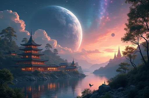 Prompt: (detailed matte painting of a planet), vibrant colors, (space art), intricate satellite system in foreground, serene river flowing through landscape, lush greenery and flourishing ecosystems, (solarpunk theme), glowing celestial bodies in background, cosmic atmosphere, ethereal lighting, (4K ultra-detailed), a harmonious blend of nature and technology, imaginative sci-fi setting.
BREAK
1970s \(style\), above clouds, aerial fireworks, alien, american flag, astronaut, aurora, balcony, bamboo, building, campfire, castle, chimney, christmas, christmas lights, christmas tree, city, city lights, cityscape, clock, clock tower, cloud, cloudy sky, constellation, crescent, crescent moon, dango, desert, dust, earth \(planet\), egasumi, ferris wheel, festival, fireflies, fireworks, fisheye, flag background, food, food stand, full moon, galaxy, globe, gradient sky, hirschgeweih antennas, horizon, house, island, lamppost, light particles, lighthouse, milky way, mochi, moon, moonlight, mountain, mountainous horizon, night, night sky, no humans, onsen, open window, pillar, pine tree, planet, purple sky, rainbow, red moon, reflection, reindeer, rocket, roman numeral, rooftop, round window, sack, scarlet devil mansion, scenery, science fiction, shooting star, sky, skyline, skyscraper, snow, snowing, space, space craft, space helmet, spacesuit, star \(sky\), star \(symbol\), starry background, starry sky, starry sky print, sun, surreal, tanabata, tanzaku, tarot, telescope, tent, tower, twilight, ufo, ultimate madoka, wagashi, window, windowsill