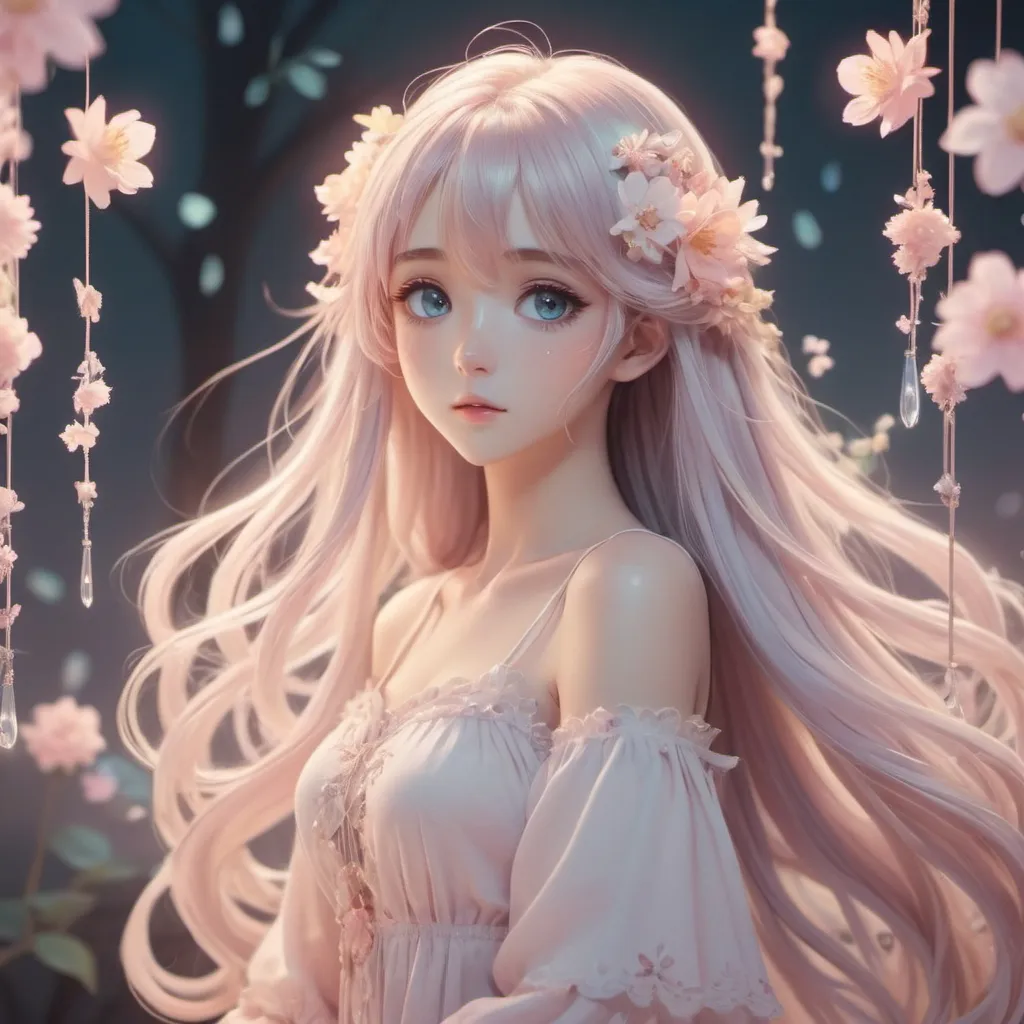 Prompt: Anime girl, soft pastel colors, dreamy atmosphere, flowing long hair with floral accents, dainty chimes accessories, ethereal glow, detailed eyes, 4k, high-quality, anime, pastel tones, dreamy lighting, full body shot.