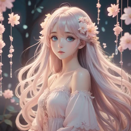 Prompt: Anime girl, soft pastel colors, dreamy atmosphere, flowing long hair with floral accents, dainty chimes accessories, ethereal glow, detailed eyes, 4k, high-quality, anime, pastel tones, dreamy lighting, full body shot.