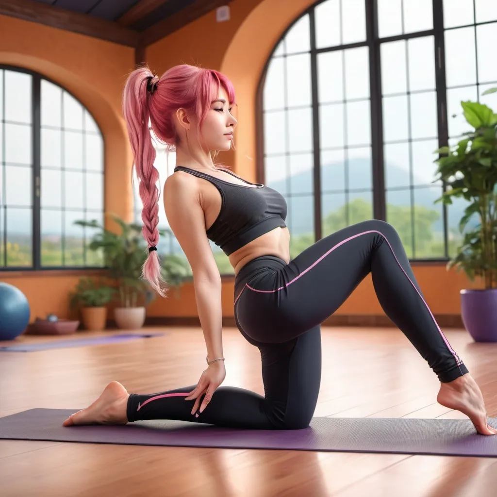 Prompt: anime 1girl, cute, pink hair in pigtails, 20 year old, pert, source comic book, high resolution image, masterpiece, yoga, athletic stretch pose, yoga pants, concentrating, downward dog, 8k sharp focus