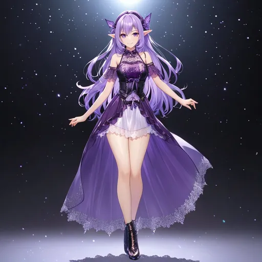 Prompt: Purple hair, violet eyes,elf ears,wry smile,lace clear top, full body shot