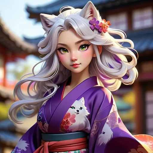 Prompt: (anime style), happy beautiful white-haired wolf girl, wearing a (purple kimono), wavy hair, (graceful pose), (soft lighting) with a vibrant blur and flare effect, (hyperdetailed) face, intricate kimono designs, embellishments, serene background featuring a (detailed Japanese building), captivating atmosphere, vibrant colors, (masterpiece), ultra-detailed, portrait orientation, expressive features, elegant accessories.