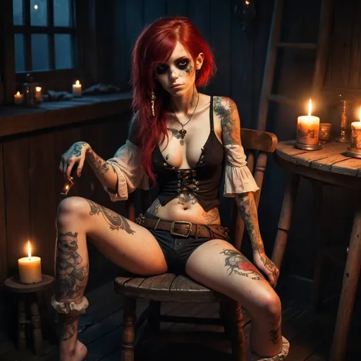 Prompt: Masterpiece, very detailed depiction of a pirate girl with dirty red hair, anime,skinny, airy pirate outfit, tattooed all over the body, sit on old wooden chair, candle light in skull, full body shot, wide view.  