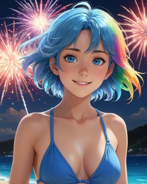 Prompt: anime waifu 18 age womans , in a color swimwear , clean soft lighting, backlit beautiful face, full body picture clearly visible , perfect shining skin , wave rainbow hair, blue eyes , smiling, background fireworks display at night , color digital painting, trending on artstation, concept art, hyperrealism, cinematic lighting, unreal engine 64K UHD HDR , Studio Ghibli, Anime Key Visual, by Makoto Shinkai , Nagasawa Rosetsu , Professional photo