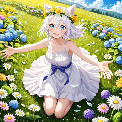 Prompt: 1girl, ;d, animal ears, bare shoulders, blue eyes, blue sky, blush, cloud, daisy, dandelion, day, dress, eyebrows visible through hair, field, flower, flower field, flower wreath, grass, hair between eyes, head wreath, hydrangea, jewelry, lily \(flower\), long white hair, looking at viewer, on grass, one eye closed, open mouth, outdoors, outstretched arm, outstretched hand, petals, pink flower, purple flower, reaching out, ring, sky, sleeveless, smile, solo, white dress, white flower, full body shot