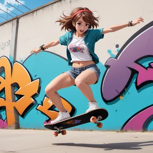 Prompt: 2d anime-style, Define the subject (beautiful skateboarder girl) in short sporty outfit (belly free) and action (mid-jump). Specify background elements (graffiti walls) and technical aspects like high shutter speed to convey the desired outcome.