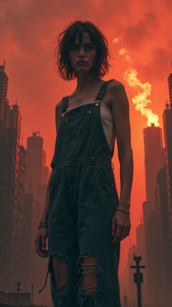 Prompt: A rebellious young woman in a tattered, dark jumpsuit stands on the edge of a dystopian cityscape under a dull, red-coloured sky. Behind them rises the city of Dema, a labyrinth of towering buildings from whose shadows menacing bishops peer out. The figures' expressions are a mixture of defiance and determination as they gaze eastwards towards a flickering light in the distance, symbolising hope and freedom. Flames rise in the background, symbolising the chaos and inner turmoil of the figure. The overall they are wearing seems heavy and weightless at the same time, as if it is the only thing anchoring them in reality. Despite the darkness, there is a sense of unity and resistance in the air, as other banditos emerge imperceptibly from the shadows, ready to rise up against Dema. The overall atmosphere is one of tension and surrealism, capturing the essence of a broken spirit struggling to break free.