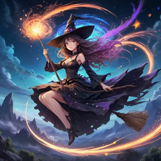 Prompt: (Anime illustration), beautiful enchanting young witch, elaborately decorated cut-off witch outfit, witch broom, rides on the witch broom through the air, sit on witch broom, very long hair flying wildly in the wind, colorful and mystical aura, magical energy trails, dramatic sky filled with stars and nebulae, vibrant colors, enchanting atmosphere, ultra-detailed, CGI, masterpiece of art, cinematic lighting, high quality, 4K.
