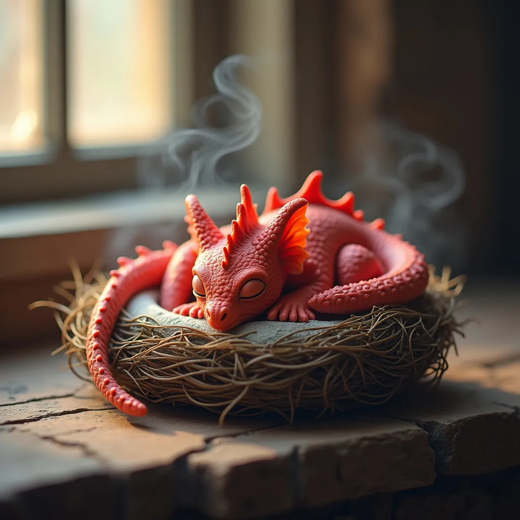 Prompt: A tiny red dragon sleeps curled up in a nest on a medieval wizard's table]. Shot with a macro lens (f/2.8, 50mm) and a Canon EOSR5, the soft focus captures [the cozy morning light filtering through a near by window]. The pastel colors and whimsical steam shapes enhance the serene atmosphere, evoking a DnD RPG setting. The image is rendered in 16K and 8K, highlighting [the intricate details and medieval charm, close-up.