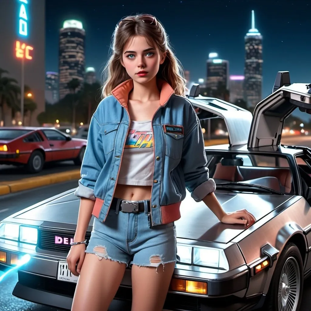 Prompt: Back to the future scenario, Pretty girl in Marty McFly outfit standing next to the DeLorean, 8k anime style, realistic Los Angeles city night scene, futuristic car details, detailed facial features, high-quality, ultra-realistic, anime, night cityscape, detailed character design, Los Angeles, futuristic car, realistic lighting