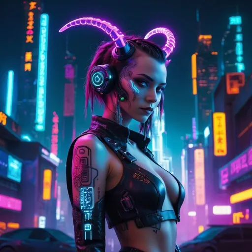 Prompt: Cyberpunk full body art of a girl with small horns, fantasy art, futuristic cyberpunk style, detailed short horns, high-tech cityscape in the background, glowing neon lights, ultra-detailed, cyberpunk, fantasy, futuristic, full body shot, vibrant colors, atmospheric lighting, looking in camera.