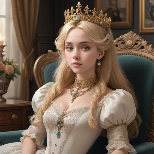 Prompt: Masterpiece,Anime, high detailed portrait of princess, Blonde spotted hair, filigree finished crown, filigree jewelry, victorian furnished living room, professional, wide view