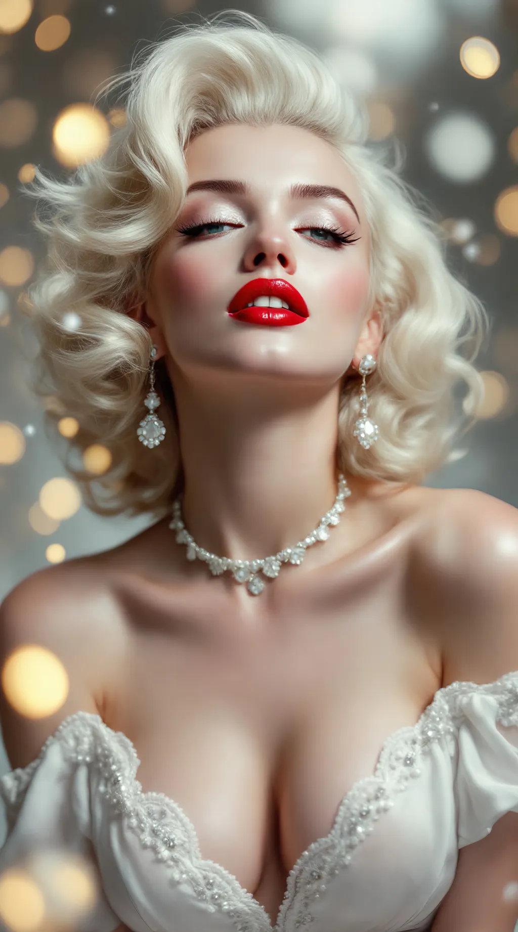 Prompt: beautiful portrait of Marilyn Monroe, white and silver colors, red lipstick, magical tilt-shift background effect, blurred ambiance, soft focus, Artgerm style, influences from Greg Rutkowski and Camilla d'Errico, high depth photographic quality, dreamy atmosphere, serene and elegant vibe, 4K ultra-detailed masterpiece, ultra-detailed illustration, hyper-realistic, high definition, high resolution, octane render, volumetric lighting.