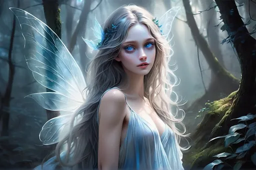 Prompt: Misty, moonlit forest, beautiful young elysian nymph (from the shadows), ethereal beauty, contrast to the eerie surroundings, digital painting, the translucent figure of the nymph is cloaked in subtle silver and blue tones, her large eyes glow in a mysterious light, long locks of shimmering, opalescent hair, delicate facial features, ghostly wings, the overall atmosphere is characterized by an eerie calm, full body shot.