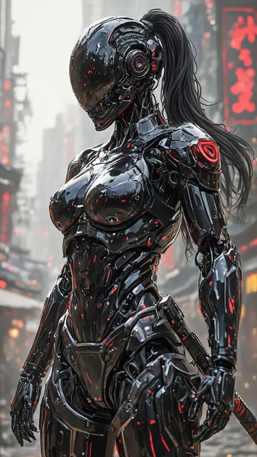 Prompt: photorealistic, (female cyberpunk robot samurai), intricate details, (hyper-detailed helmet), robot face with (mirrored face shield), flowing (black hair), (reflective black and neon red armor), mechanical (robot joints), body constructed of (metals and wires), (katana strapped to her back), dramatic lighting, futuristic urban background, high quality, ultra-detailed, dynamic poses, abstract background suggesting eastern temple