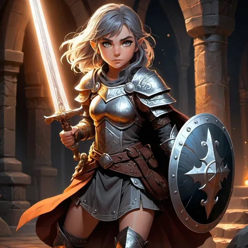 Prompt: hires, anime illustration, full body shot of a young half-dwarf girl with dirty skin, detailed facial features, intense grey eyes, intricate black freckles, short sword, shield, wearing a light warrior outfit, D&D character, detailed, professional, anime, fantasy, vibrant colors, dynamic pose, atmospheric lighting, full body shot.