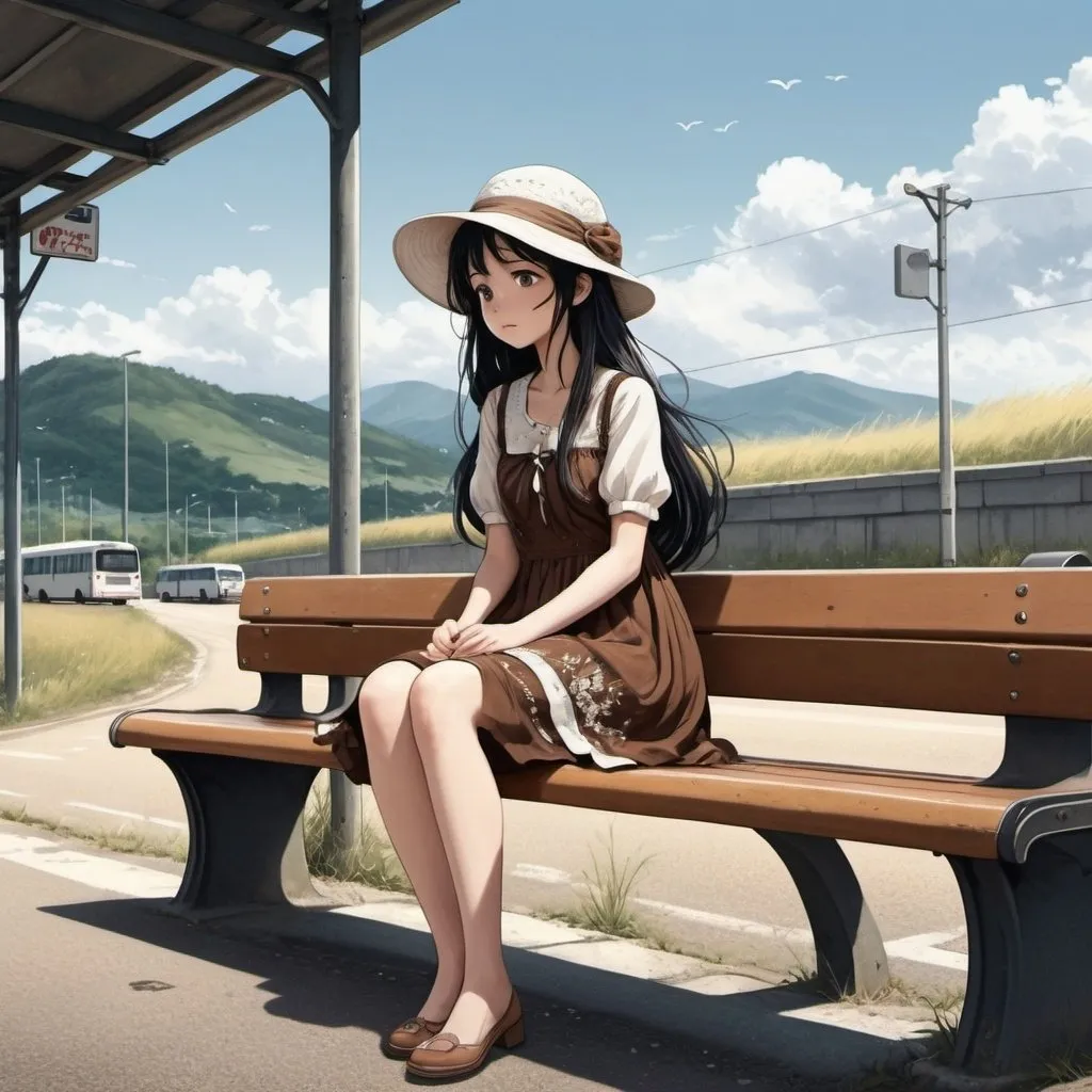 Prompt: Anime illustration of a charming young girl, lonely deserted country road, bus stop, brown embroidery dress, white hat, long black hair blowing in the wind, sitting on a bench, waiting for the bus, camera from diagonally below, detailed dress embroidery, deserted atmosphere, highres, anime, detailed hair, detailed eyes, professional, atmospheric lighting