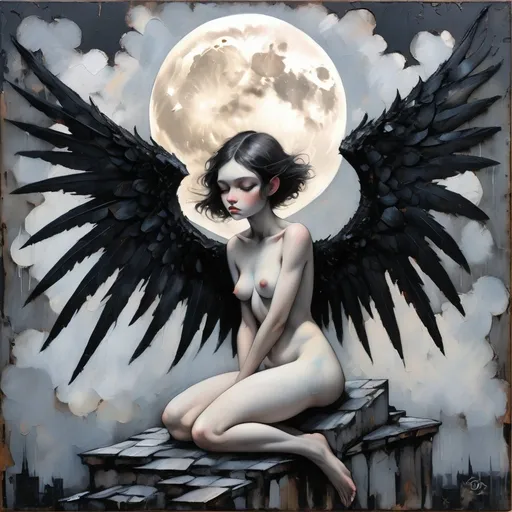 Prompt: Fallen angel girl gargoyle, moonlit night, abstract art painting, gritty texture, loose brushstrokes impasto, cool atmosphere, Daarken, Wlop, Esao Andrews, Sam Toft, gloomy, white and black, detailed wings, highres, ultra-detailed, abstract, moonlit, atmospheric lighting