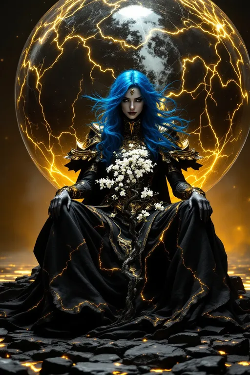 Prompt: A majestic warrior priestess with (magically flowing bright blue hair:1.4), seated solemnly on a (jagged black lava throne:1.5), her (gold-black baroque armor:1.6) gleaming faintly under (cosmic twilight:1.3). Before her, a (gigantic marble sphere:1.4) laced with glowing (golden veins:1.5) hovers silently, cradling a (delicate black cherry tree:1.6) adorned in (glowing white blossoms:1.4). The air hums with quiet (arcane power:1.3), heavy with (symbolic reverence:1.2).

Style: Baroque-fantasy surrealism
Composition: Three-point dynamic, low angle focused on warrior and sphere
Lighting: High-contrast, dramatic chiaroscuro with ambient golden glow
Color Palette: Deep obsidian, radiant sapphire, gilded gold, ethereal white
Mood/Atmosphere: Mystical, sacred, silent awe, otherworldly solemnity
Technical Details: 85mm lens equivalent, cinematic DOF, rendered in Unreal Engine 5, 8K resolution, intricate texture detail on armor and rock
Additional Elements: Cosmic particle effects in the air, faint reflections in lava, soft wind movement in tree blossoms