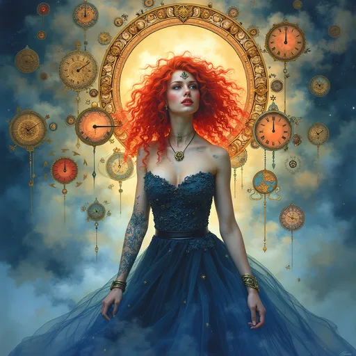 Prompt: (watercolor style), Lynia Tempus, The Sorceress Of Time And Space, (ethereal beauty), enchanting, (vibrant reds and blues), red curly hair, (well-endowed), surrounded by a halo of intricately designed clocks, whimsical atmosphere, cosmic elements, soft lighting, dreamlike quality, fluid motion, ultra-detailed, (masterpiece).