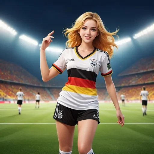 Prompt: cgi anime illustration of a beautyful young women in German football dress, voluminous body, alone on football playground, vibrant colors, festive atmosphere, high quality, detailed, realistic, football, waving the German flag, cheerful, energetic, lively,  professional lighting, full body shot.