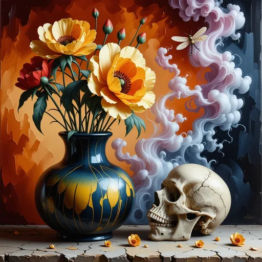 Prompt: My small skull is sniffing huge yellow, red and sky blue flowers in the s - shaped vase with Dragonfly painting. In the background - purple, orange and pink   Small dragonflies blow red, cloud like, s-shaped fumes.