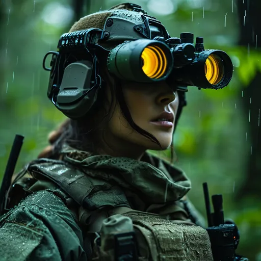 Prompt: night vision green view of tactical skeleton (woman), huge explosions in the background, in dark wet forest, dark green ambient lighting with rain, with Sony Alpha a9 II and Sony FE 200 - 600mm f/ 5. 6 - 6. 3 G OSS lens, natural light, hyper-realistic photograph, ultra-detailed