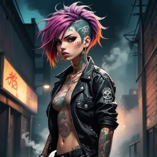 Prompt: Anime illustration of a tough punk girl, urban setting, smoky atmosphere, cigarette smoke, edgy fashion, vibrant colors, detailed hair and tattoos, intense gaze, dynamic pose, high quality, manga style, moody lighting