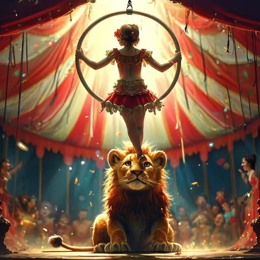 Prompt: (circus performance), a sitting little lion holding a ring in its paws, female circus artist performing an acrobatic jump through the ring, (vibrant colors), dramatic lighting spotlighting the performance, festive atmosphere, audience gasping in awe, ornate circus tent background, (ultra-detailed), capturing a moment of excitement and skill in the circus environment.